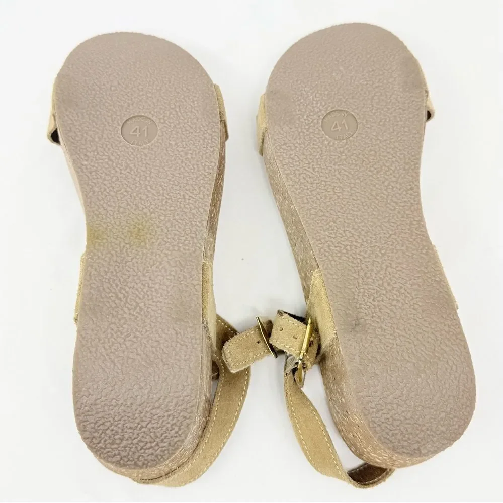 Antica Cuoieria Tan Suede Rhinestone Sparkle Open Toe Cork Wedge Sandals